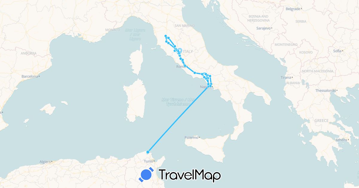 TravelMap itinerary: driving, boat in Italy, Tunisia (Africa, Europe)