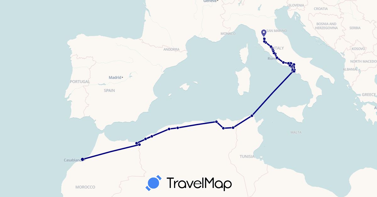 TravelMap itinerary: driving in Algeria, Italy, Morocco, Tunisia (Africa, Europe)